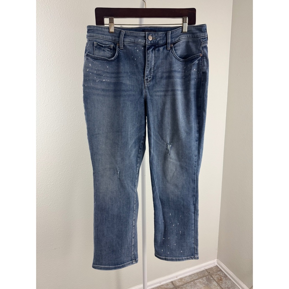 NYDJ Marilyn Straight Leg Jeans Womens 14 Blue Distressed Paint Splatter Denim